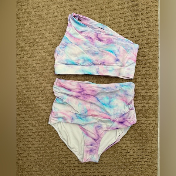 Kiava watercolor asymmetric bikini top with ruched high rise bottoms, size med - Picture 5 of 9